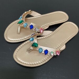 Colorful Gemstone Embellished Gold Thong Sandals EU Size 43 Brand New